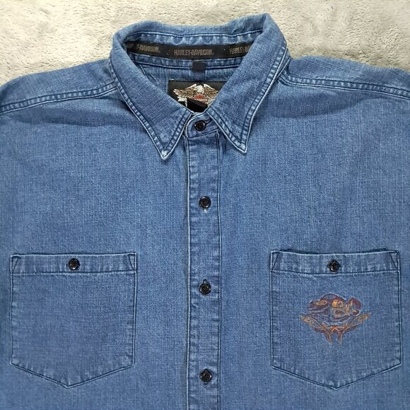 Vintage Harley Davidson Denim Shirt Men XXL 2XL Blue 100% Cotton Embroidered - Picture 3 of 14